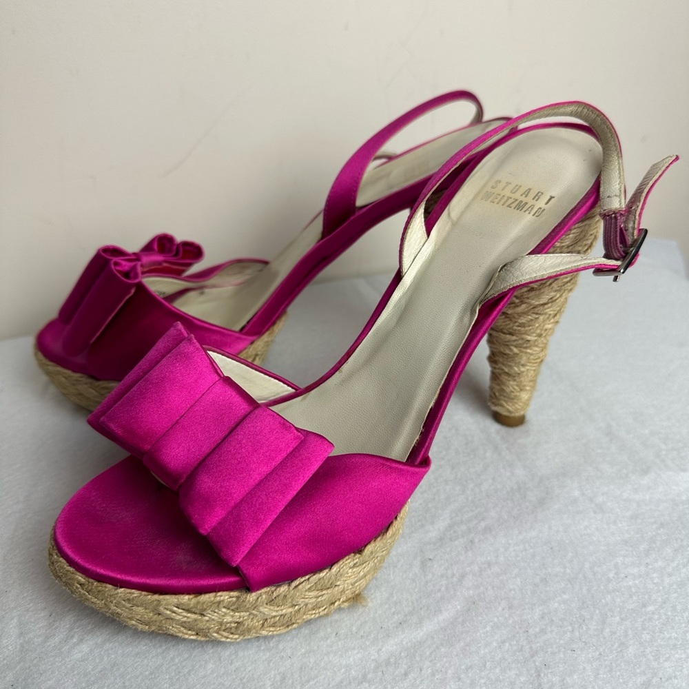 STUART WEITZMAN Fuchsia hot pink satin BOW espadrilles heels size 8.5 coquette